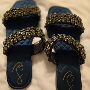 Sam Edelman Blue Quilted Slides with Crystal Embellishment